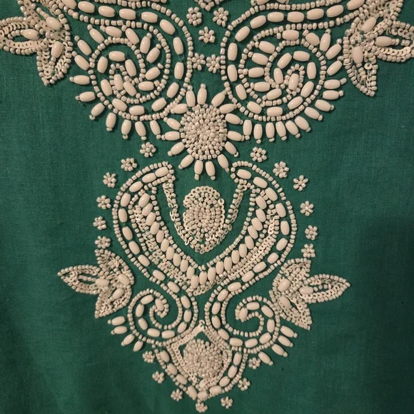 Chico’s Womans Green Linen Blend Beaded Tunic Top. Sz 1/M Resortwear Coastal - Picture 4 of 9